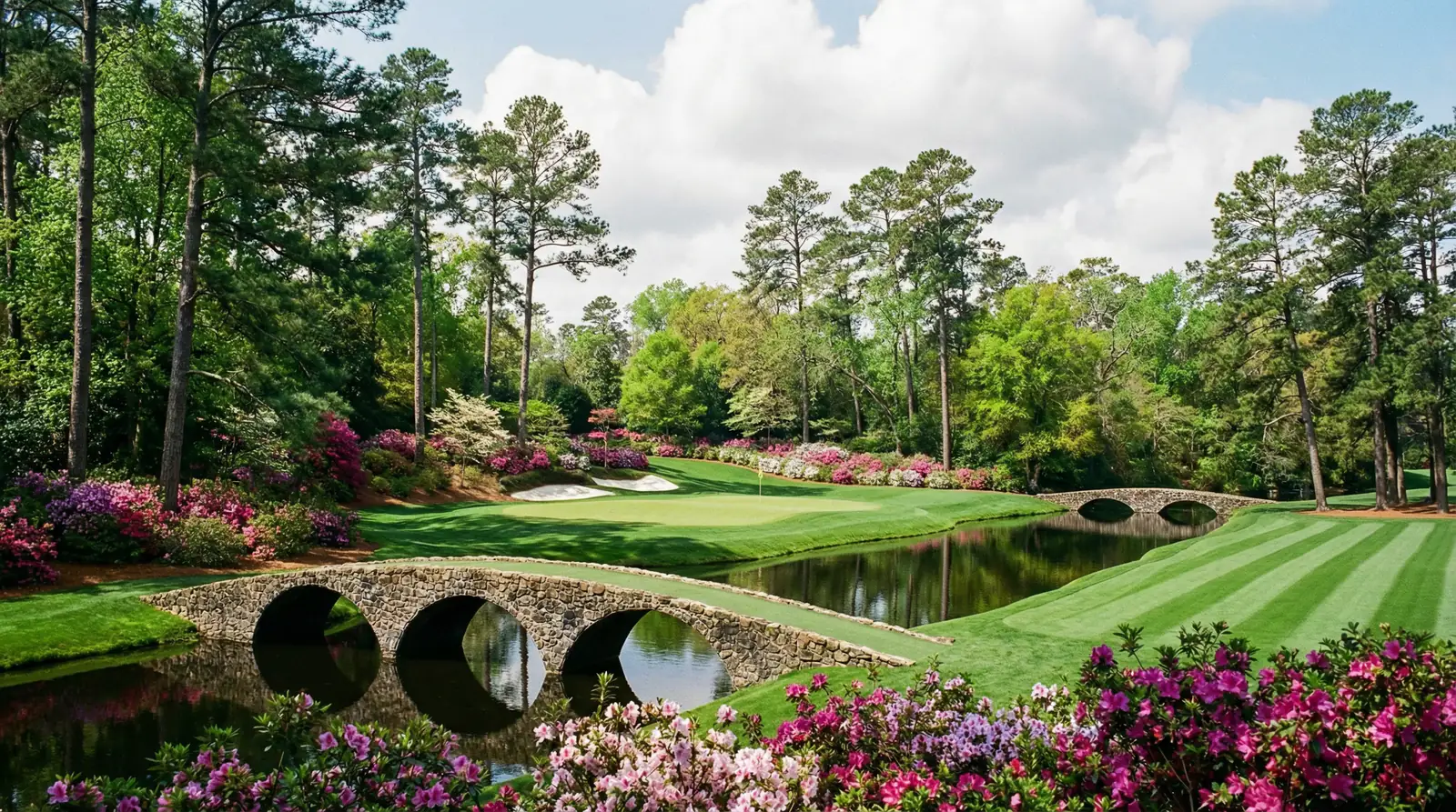 Berühmte Golfplatz-Landschaft mit blühenden Azaleen und einer Wasserhindernis-Brücke