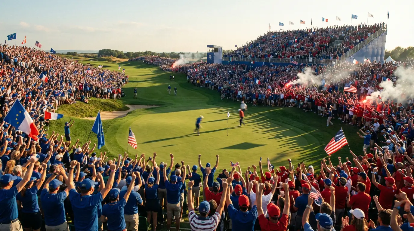 Jubelnde Zuschauer an einem Golfloch bei einem internationalen Teamwettbewerb