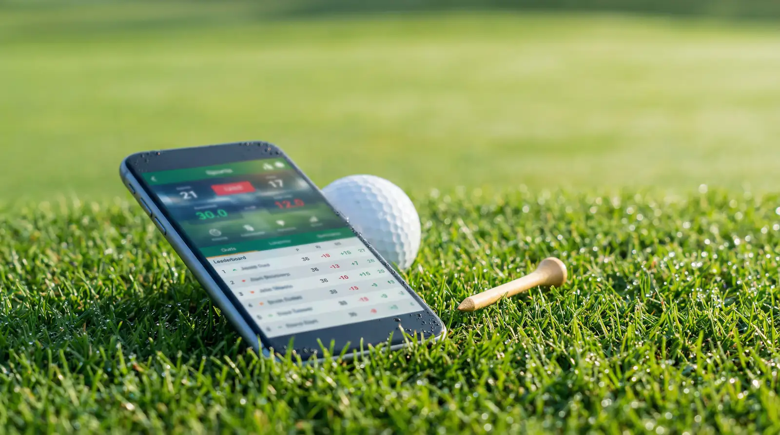 Nahaufnahme eines Smartphones mit Golf-Leaderboard neben einem Golfball auf dem Grün